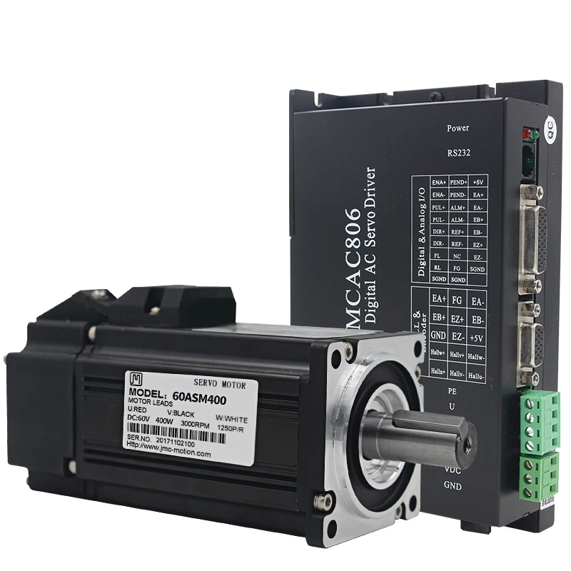 

Original JMC 60ASM400+MCAC806 400W 60VDC 1.27N.m NEMA24 Economical AC servo motor drive kit 1250 line 3000rpm
