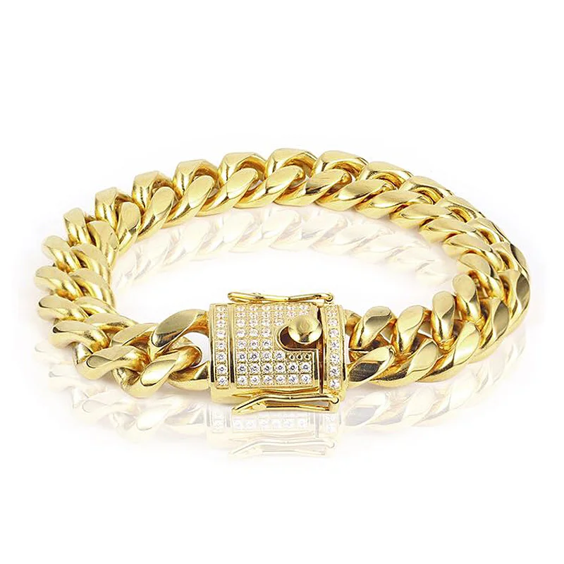 Золотое покрытие Для мужчин Для женщин в стиле «хип-хоп» Майами, кубинская Сеть браслет с двойным предохранителем застежками с нержавеющая сталь ювелирные изделия 10/12/14/16/18 мм