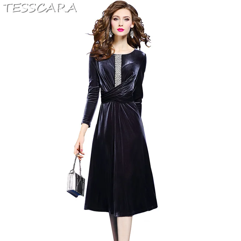 

TESSCARA Women Autumn Winter Elegant Beading Dress Female Velvet Office Party Robe Femme Vintage Designer High Quality Vestidos