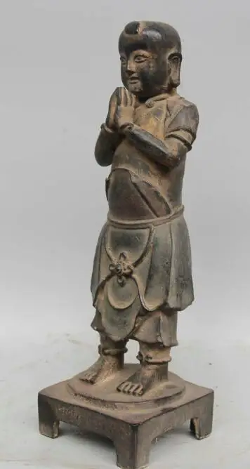 

S1589 11" Chinese Fengshui Bronze stand Boy lad garcon bless pray statue sculpture