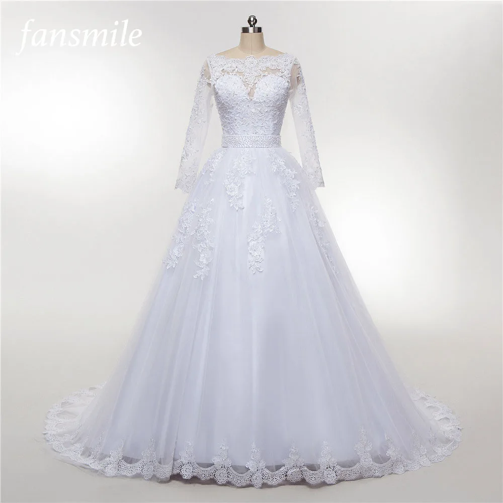 

Fansmile Tulle Mariage Vestido De Noiva Lace Train Wedding Dress 2022 Customized Plus Size Wedding Gowns Bridal Dress FSM-470T