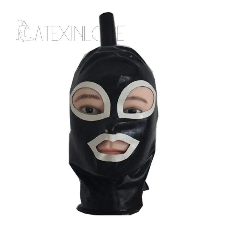 One-Ponytail-Hole-Sexy-Black-Latex-Hood-Mask-Fetish-Rubber-Mask-Open-White-Eyes-Mouth -3