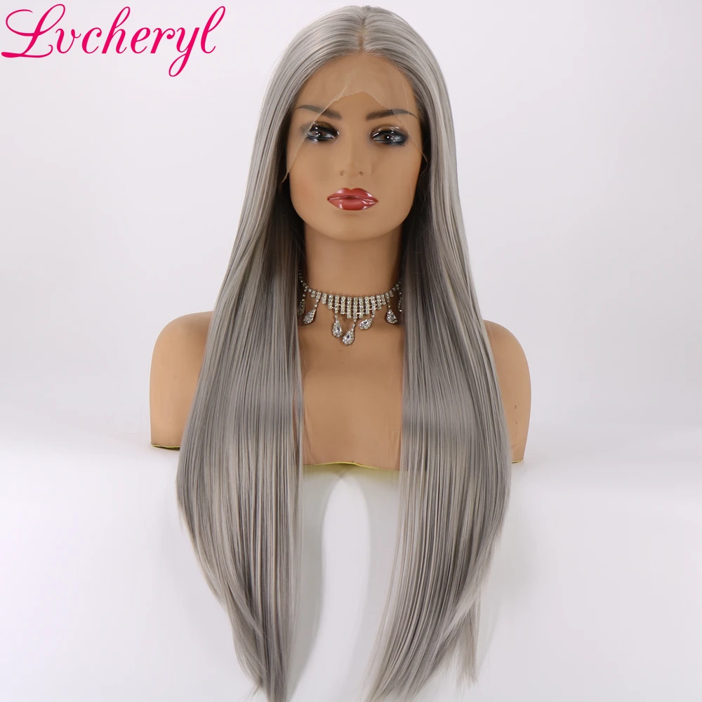 

Lvcheryl Silver Grey Synthetic Lace Front Wigs Tied Natural Long Silky Straight High Density Heat Resistant Women Hair Wigs