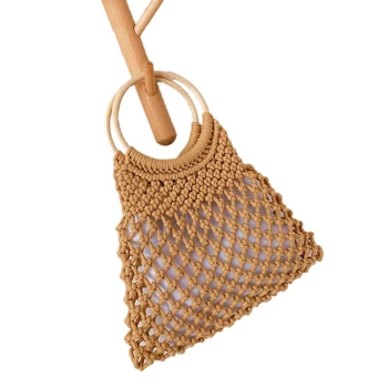 

JHD-Hollow Net Straw Bag Cotton Hand-Woven Round Wood Ring Rattan Portable Female Summer Straw Bag New Beach Bag
