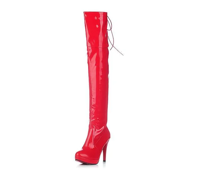 

2017 New Women's PU Leather Over The Knee Boots Fashion Sexy High Heel Platform Racing Girl Boots Black Withe Red