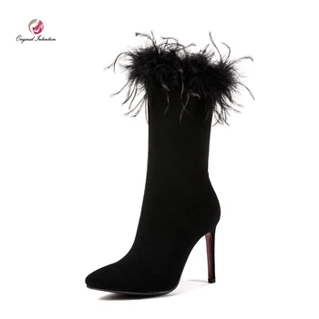 

Original Intention Flock Winter Women's Boots Stylish Mid-Calf Faux Fur High Heels Boots Women Plus Size Shoes Woman Black Grey