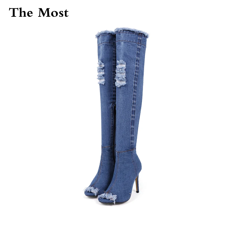 

THEMOST Sexy Long motorcycle Boots Over the Knee boots Peep toe Denim Boots For Women Short Cowboy Boots Shoes Woman High-Heeled