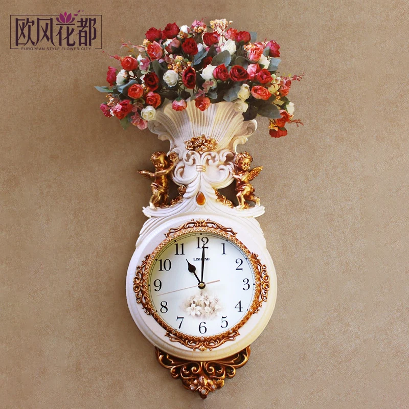 

European style retro watch clock room decoration personality art floral arrangement watch Silent wall decoration