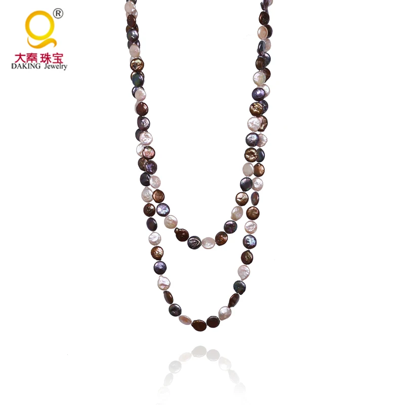 

Fashion jewelry 12-13/13-14mm rare coin pearl necklace pink grey brown mixed color button flat long necklace jewelry