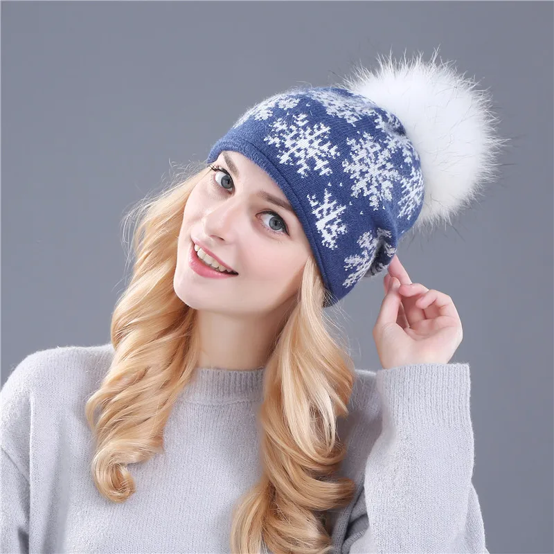 blue hat white pom XTHREE, настоящая норка, помпоны, шерсть, мех кролика, вязанные шапочки Skullies, зимняя женская шапка, шапка для девочек, feminino beanies, шапка - Цвет: blue hat white pom