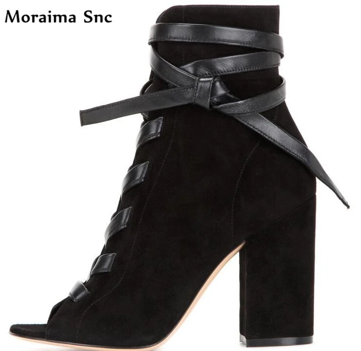 

Moraima Snc hot selling boots peep toe vintage suede Ankle strap leather band concise type high square heel party shoes