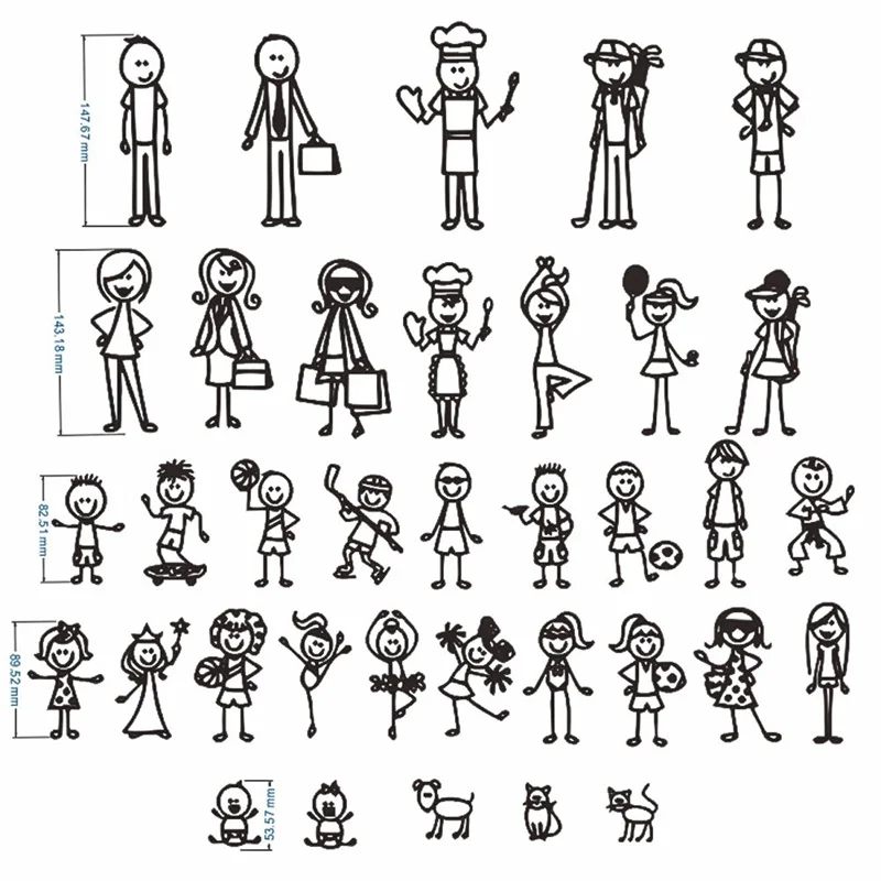 

1PC Personalized Stick Figure Family Car Stickers Interesting Motorcycle Vinyl Decals Black/Silver Style Random
