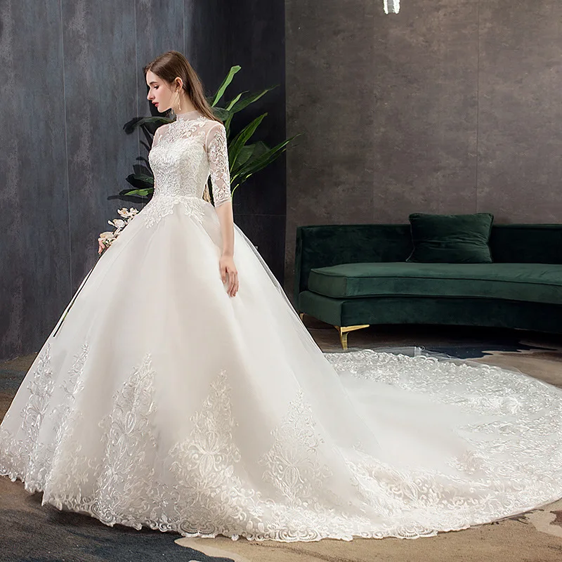 Chinese Style High Neck Half Sleeve 2022 New Wedding Dress Illusion Lace Applique Simple Custom Made Bridal Gown Robe De Mariee long sleeve wedding dresses