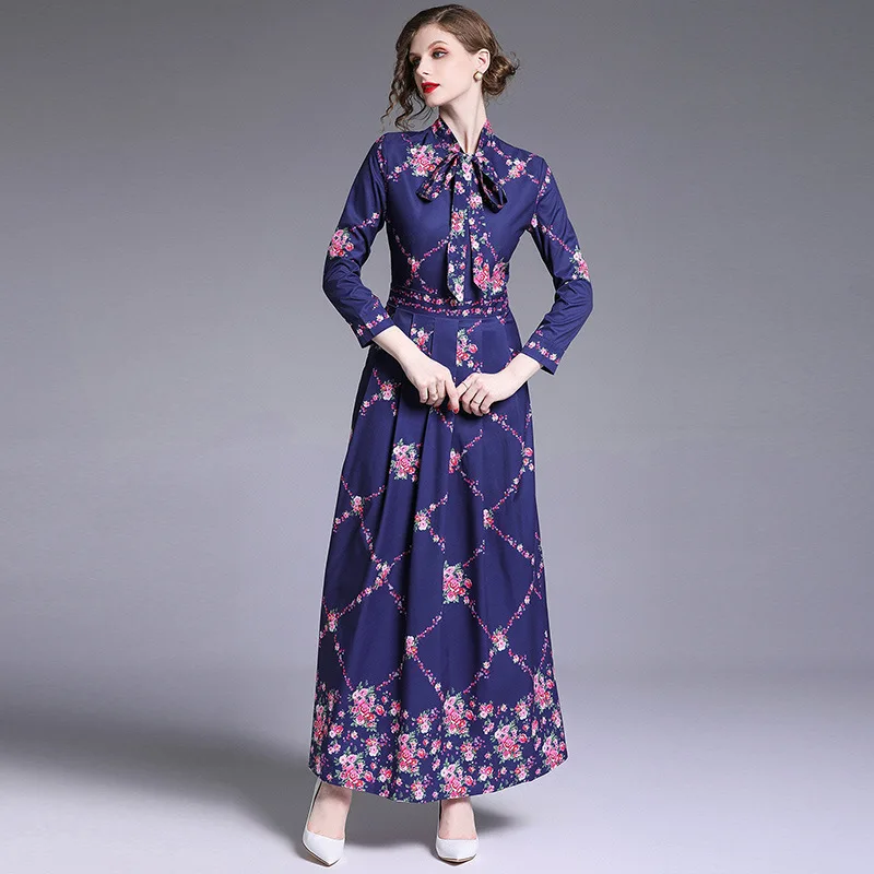 Dress Women Plus Size Long Maxi Pleated Dress2019 Spring/Summer New Fashion Vintage High-end Elegant Printed Bow A-Line Dress