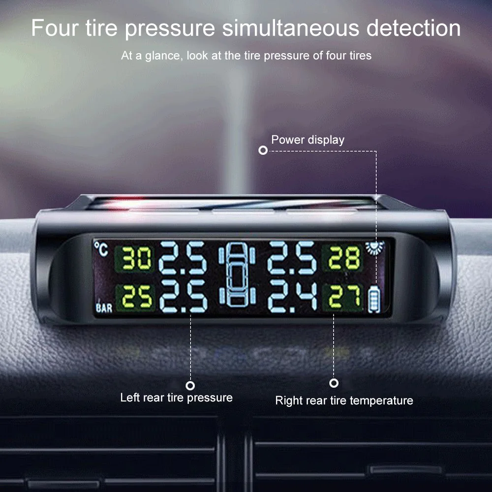 

Solar Car Tyre Pressure Monitor 4 Sensor Wireless TPMS Tire Pressure Alarm Monitoring System HD Digital LCD Display Monitor