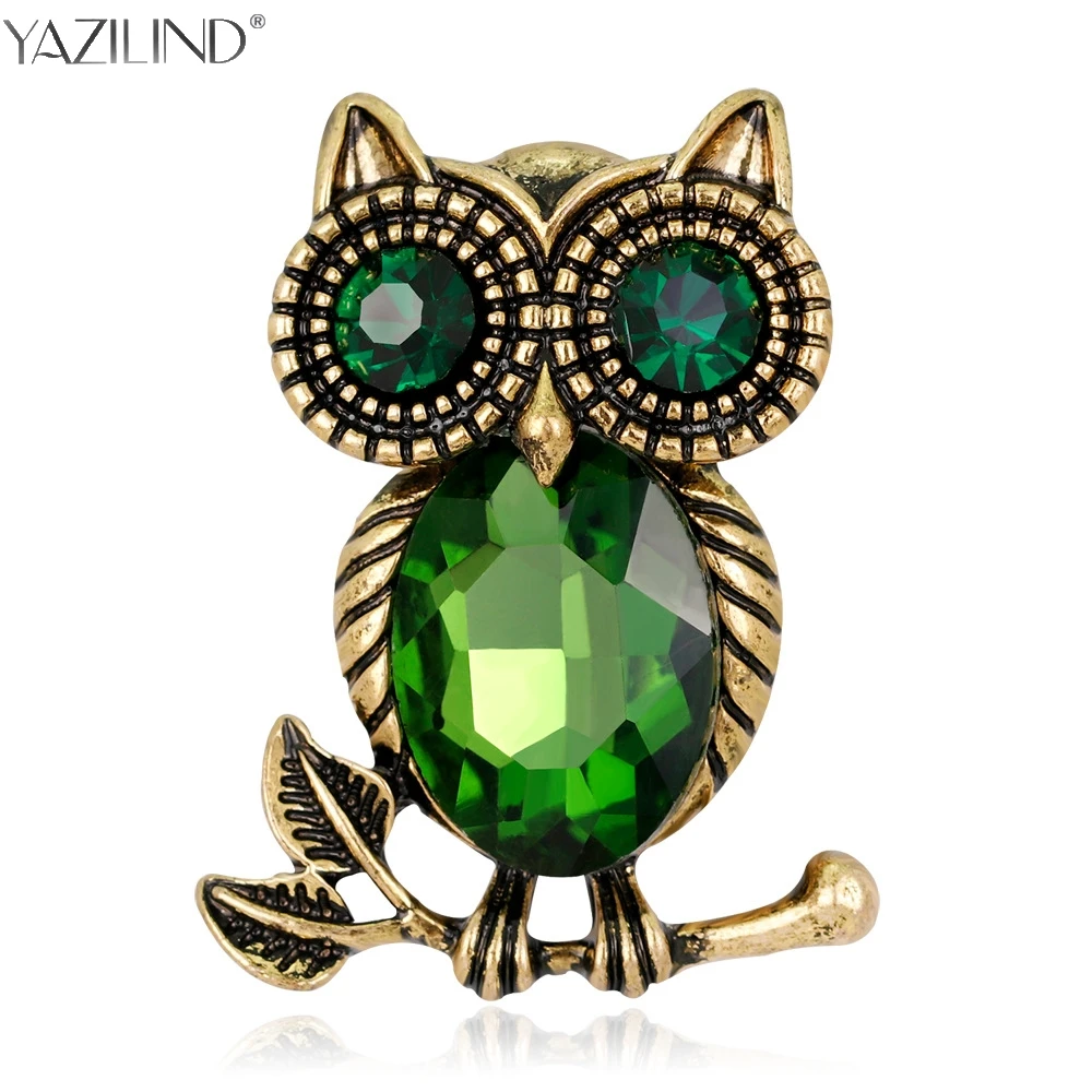 Fashion Antique Gold Owl Brooch Clear Crystal Pin Up Bijoux Cute