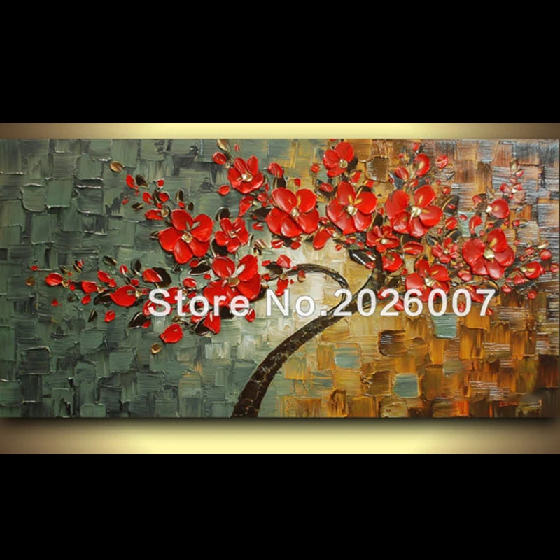 

Hand Painted Abstract Thick Palette Knife Contemporary Red Cherry Blossom Tree Oil Painting On Canvas Painting Abstract Bedroom