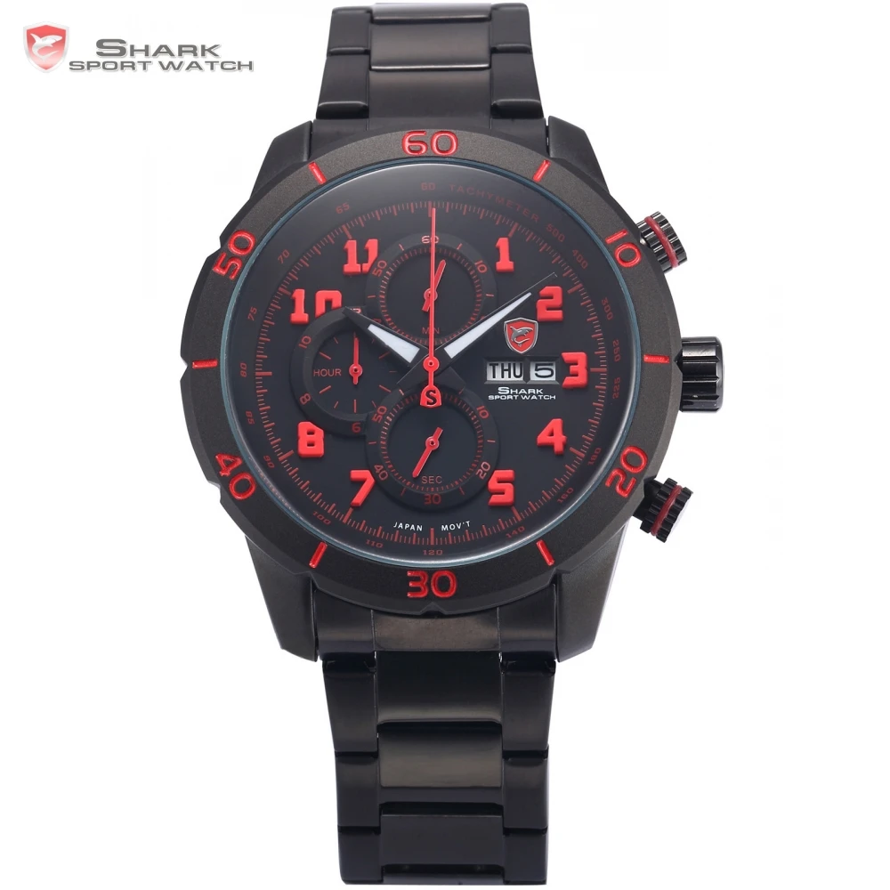 

Gummy Shark Sport Watch Men Black Red 3 D Number Analog Calendar Stopwatch Quartz Stainless Steel Strap Watches +Gift Box /SH311