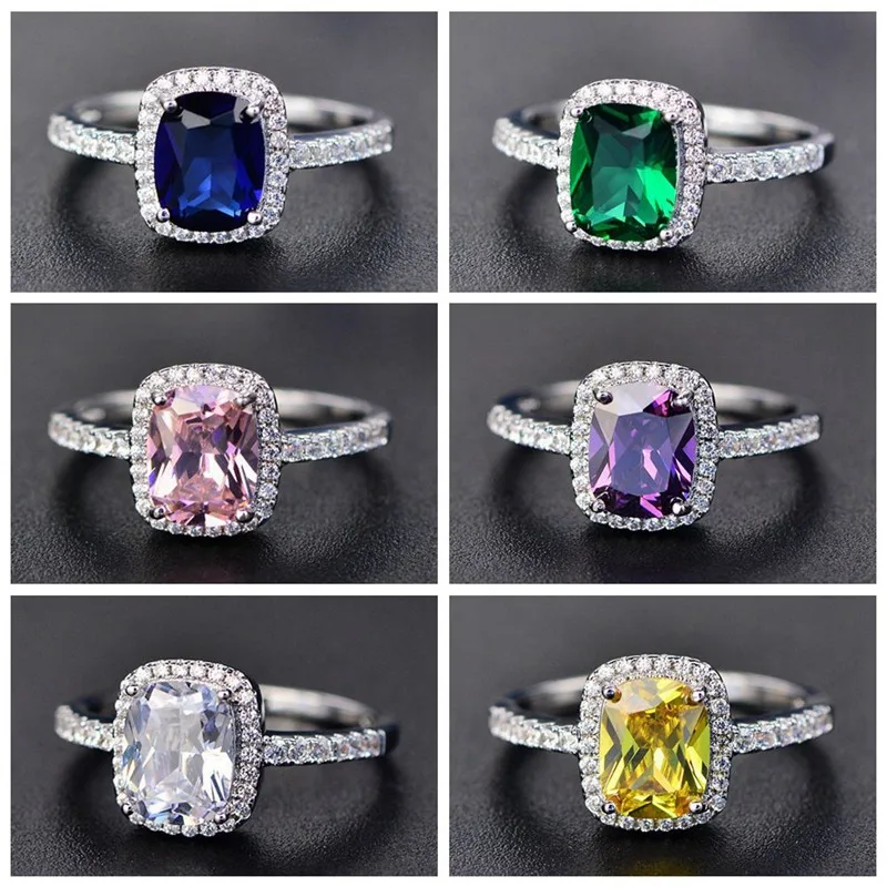 

New Style White/Yellow/Purple/Blue/Green/Pink Crystal Rings For Women Silver Colorful Ring Fashion Jewelry