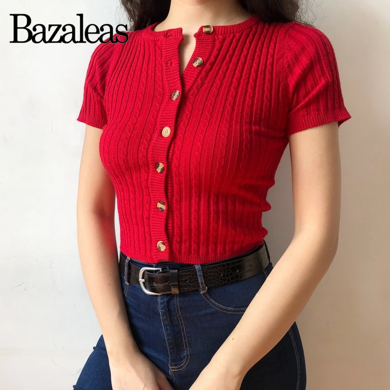 

Summer spring short sleeve Women Knitted Sweater Fashion Red knitted cardigan Button Basic sweater women