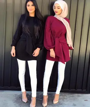 

Elegant Women's Tops Muslim Blouse Shirt Dress Belt Long Abaya Robe Gowns Jubah Ramadan Arabic Dubai Kaftan Islamic Clothing