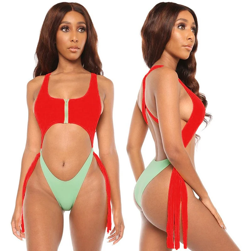 

Patchwork Tassel Swimsuit One Piece Swimwear Women Front Zipper Hollow Out Swimsuits Woman Backless Bathing Swim Suit Beachwear