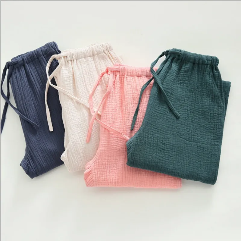 

New women sleep bottoms cotton material sand wash clothes comfortable elegant simple woven drawstring full length