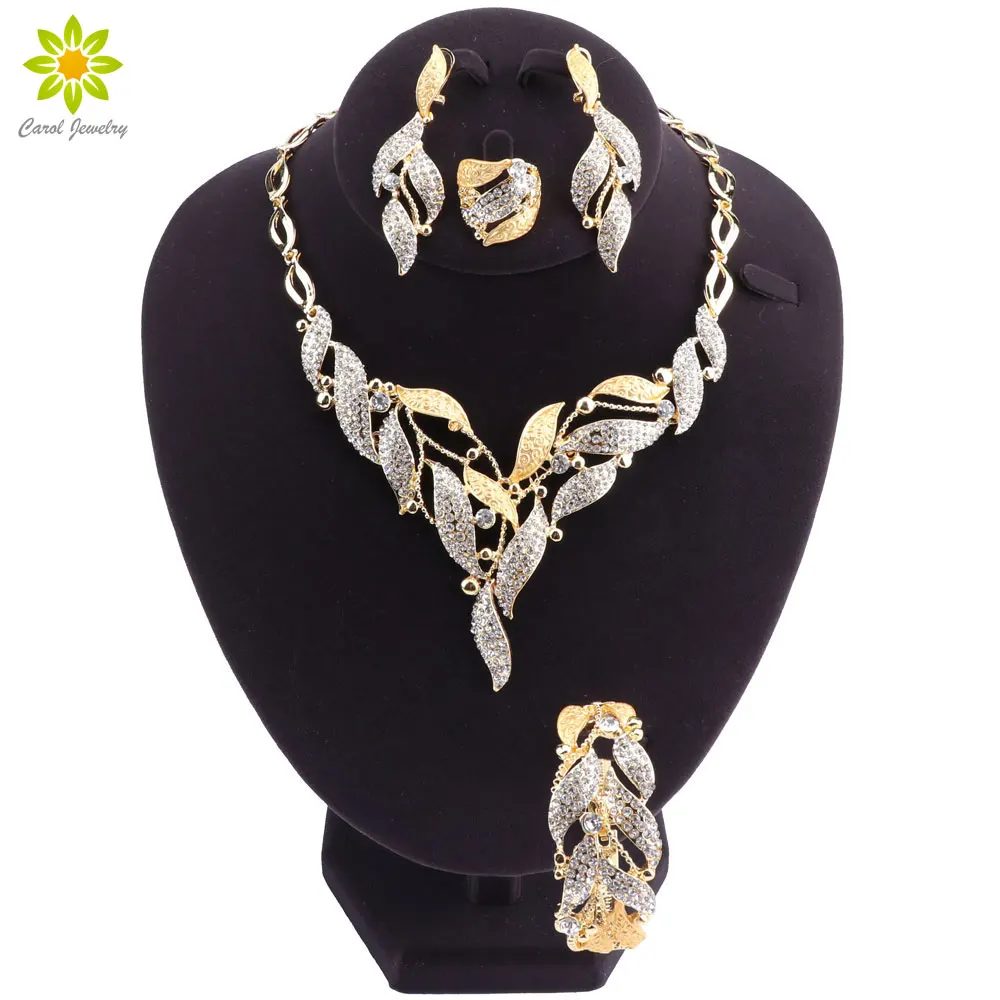

2018 New Indian Bridal Jewelry Set for Women Gold-color Necklace Earrings Bracelet Ring Party Gift