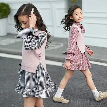 

girl outfit knit vest +long sleeve plaid dresses 2 pieces teenage kids clothing sets 2019 spring