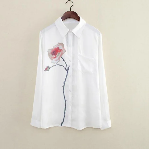 Женская блузка, рубашка, повседневная, модная, белая, с длинным рукавом, с розами, блузка с отложным воротником, шифоновые рубашки 5,23