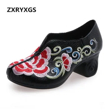 

2019 New Autumn Embroidered Cowhide Leather Shoes Woman Elegant Comfortable Women High Heel Shoes Non-slip wedding Fashion Shoes