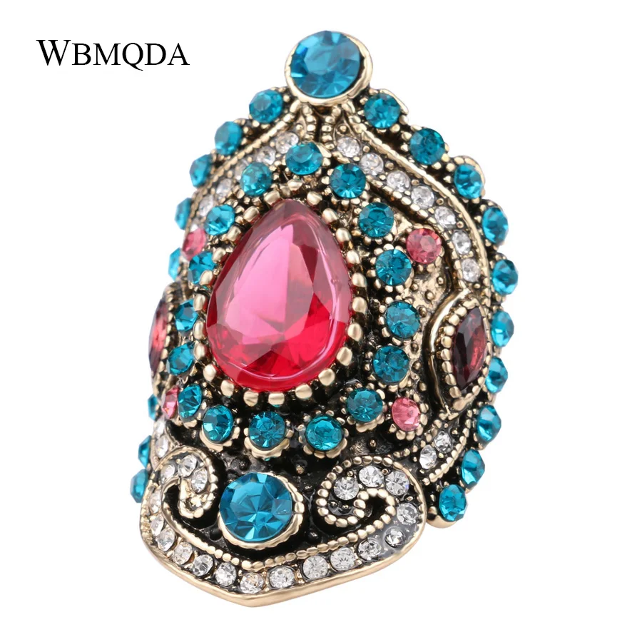 

2018 New Bohemian Big Gold Wedding Rings For Women Luxury Ethnic Pink Resin Blue Crystal Crown Ring Vintage Jewelry Love Gifts