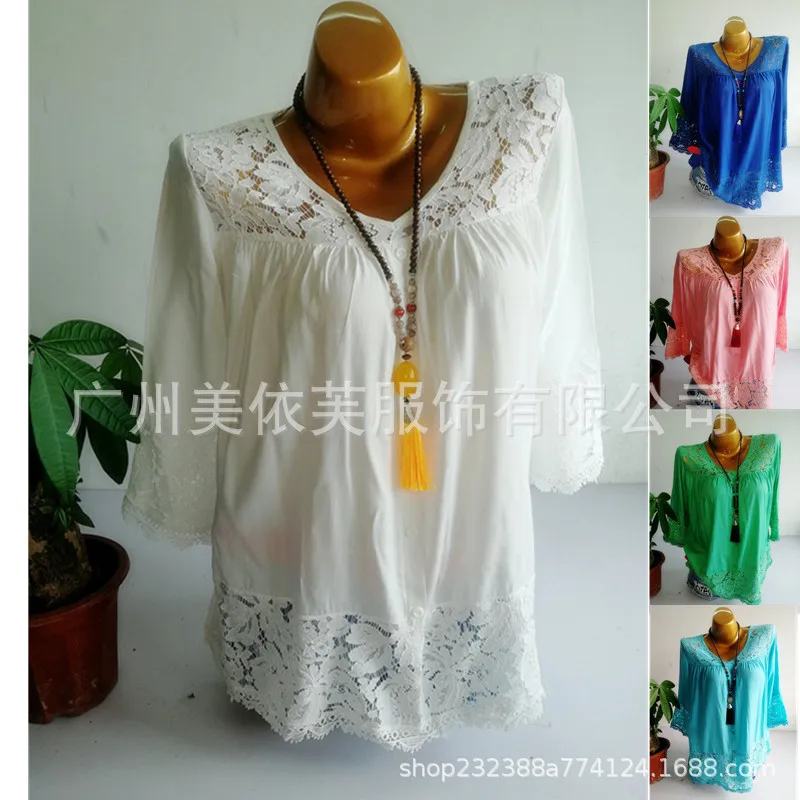 

Large size women's shirt 2019 new fashion lace stitching shirt solid color V-neck cropped sleeves ladies blouse