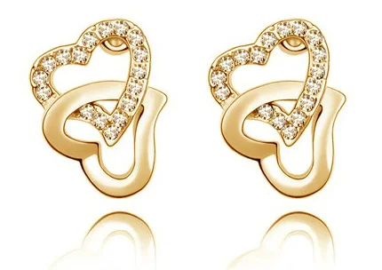 Двойное сердце AAAA + rhinestonestud серьги медальон подарок для любимых Позолоченные