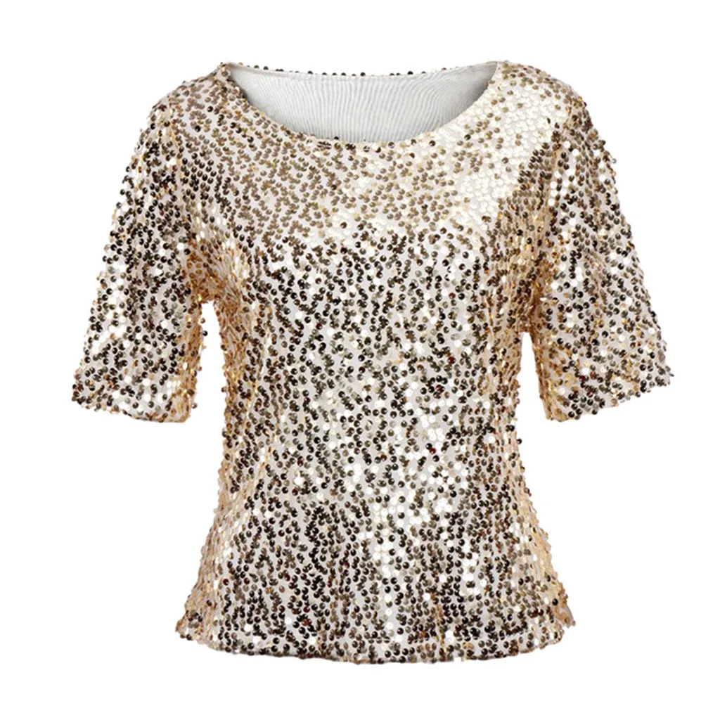 Модная футболка женская сексуальная свободная элегантный блесток блестящая рубашка летние повседневные рубашки винтажный уличная топ с прозрачной рубашкой# T