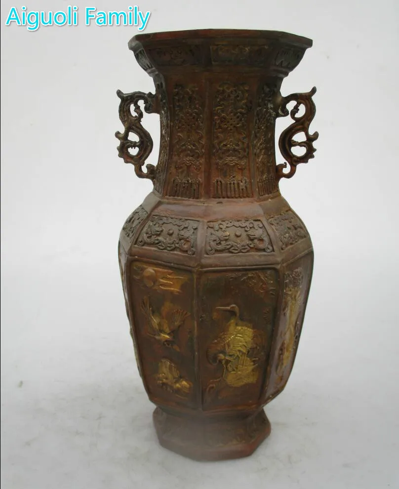 

Asian Antique Old Copper Gilt Style Hand Carved Crane Vase/Rare Chinese Qing/Ming Dynasty Decorated Vase