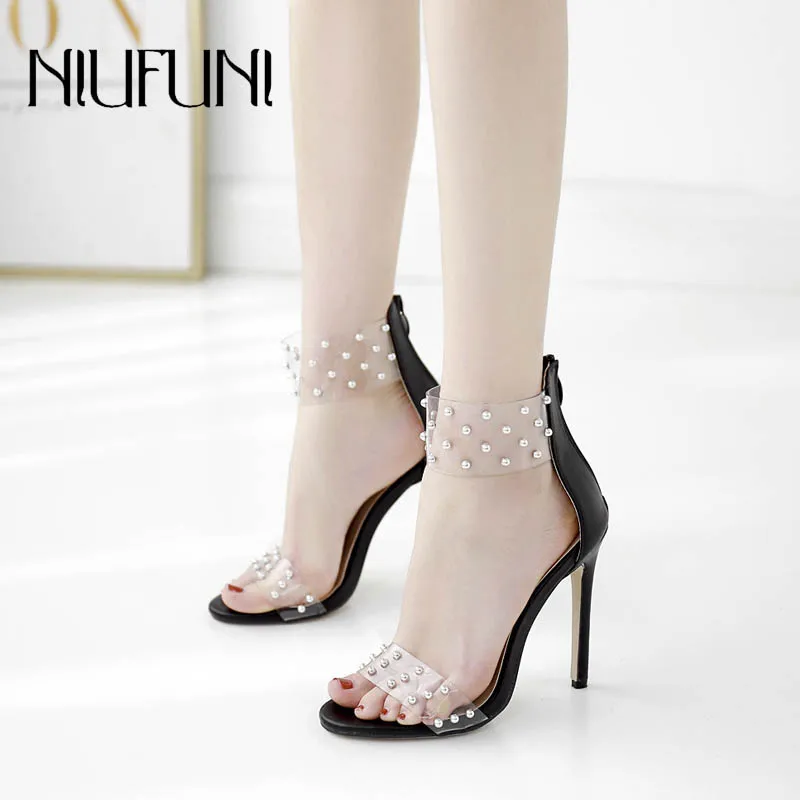 

Sexy Transparent Rivet Stiletto Women's Sandals 2020 NIUFUNI Summer Female High Heels Hollow Banquet Casual Snake Ladies Shoes