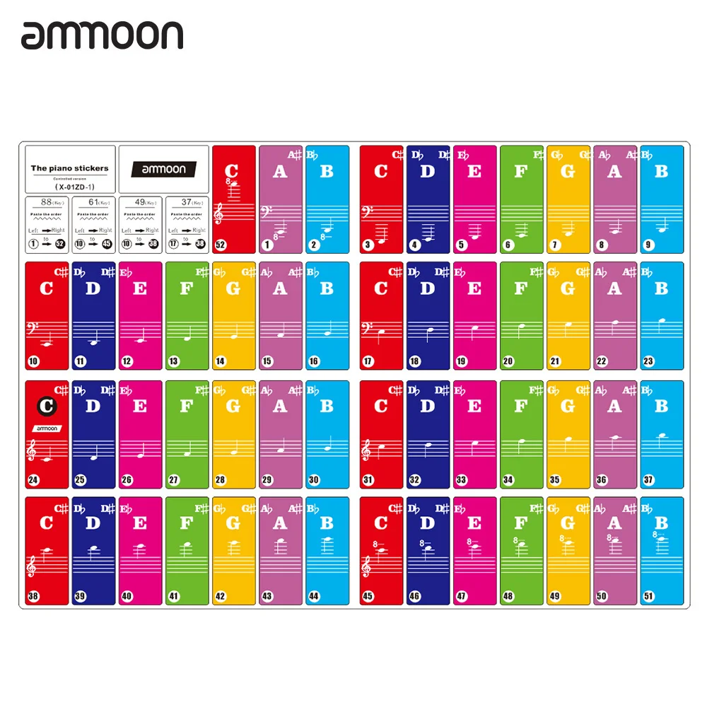 

ammoon Colored Piano Keyboard Stickers for 37/ 49/ 61/ 88 Key Keyboards Removable Transparent for Kids Beginners Piano