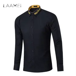 Laamei с золотистым расшитым узором Для мужчин рубашка 2018 брендовые зауженные хлопковые рубашки с длинными рукавами, модные мужские футболки
