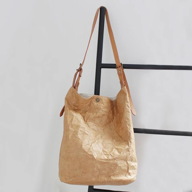 

Paper Tote Bag Women Kraft Paper Bucket Bag Wrinkled Handbag Retro Vintage Eco Shoulder Bag Casual Messenger Bag Sac Femme