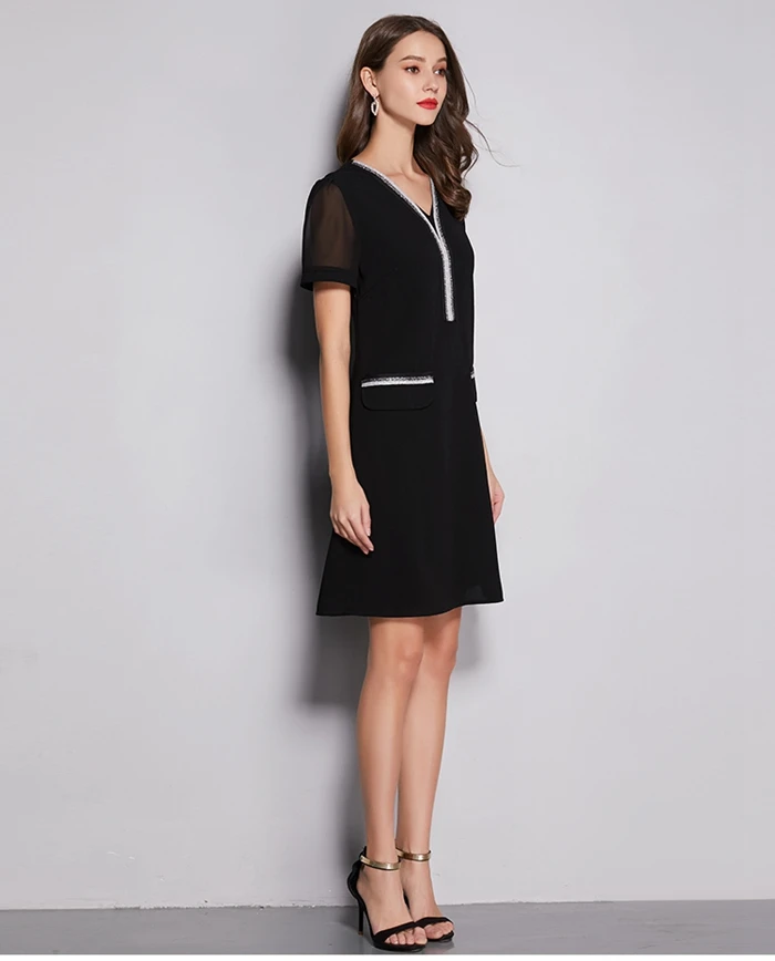 TAOYIZHUAI летнее Новое поступление однотонное прямое с v-образным вырезом и карманами выше колена размера плюс офисное полиэстер женское черное платье 11752