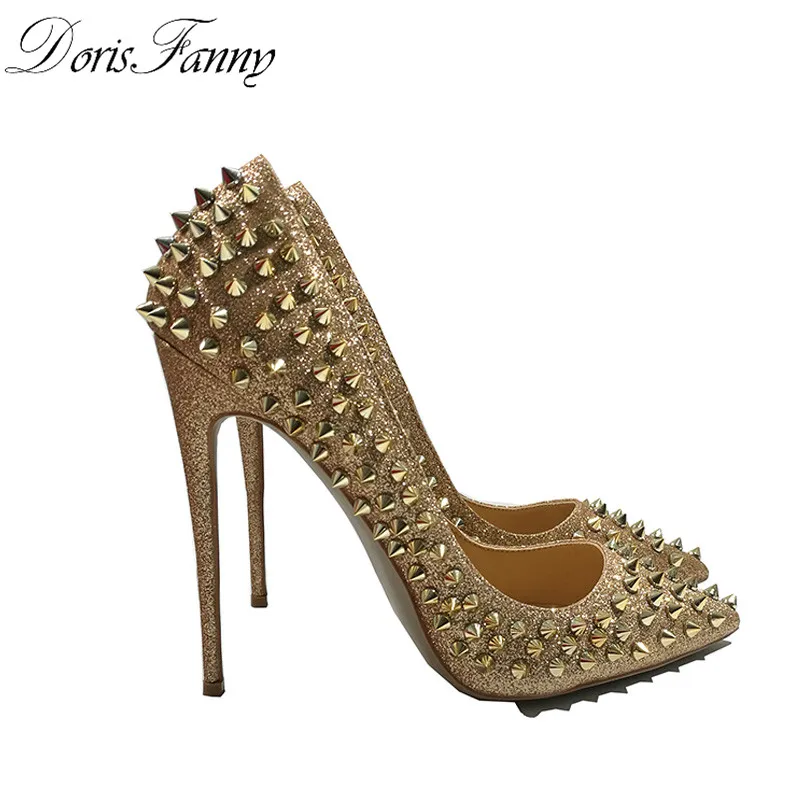 DorisFanny Glitter Spikes Rivets Studded Silver Gold High Heels shoes woman 2018 large size 34-45 stiletto shoes