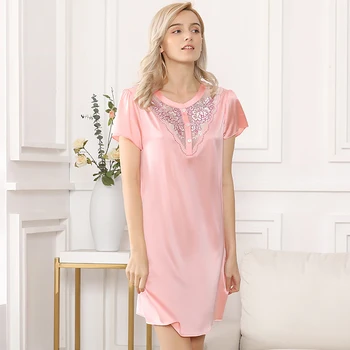 

100% Silk Satin Nightgown with Sash Women Embroidery Mesh Patchwork Nightdress Ladies Nightie Sleepwear Nightwear sp0118