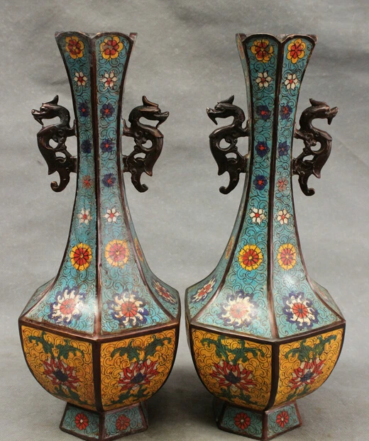 

wholesale factory 14" Dynasty Chinese Cloisonne Bronze Palace Dragon Unicorn Statue Vase Pot Pair