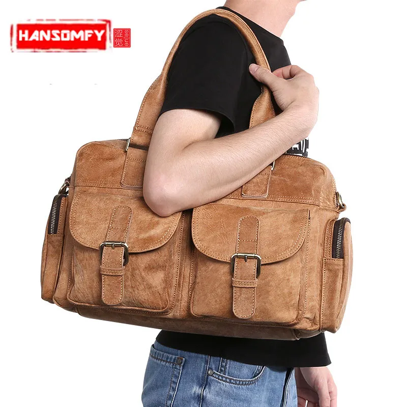 

Retro casual Genuine leather men's shoulder bag head layer leather men's handbag fashion trend brown Messenger bag