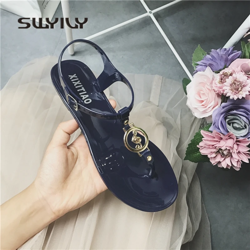 SWYIVY Woman Sandals Jelly Shoes Flats 2018 Summer Flip Flop Sandals Woman Female Holiday Beach Casual Shoes Rome Simple Black