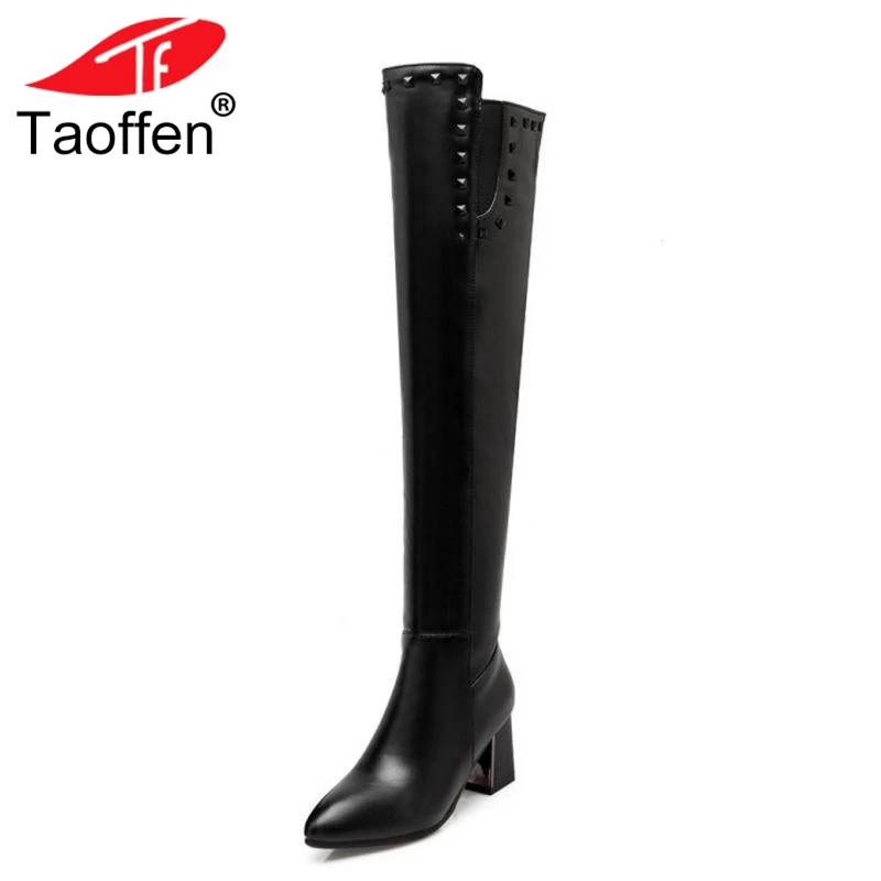 

TAOFFEN Plus Size 33-47 Women Thigh High Boots Sexy Warm Fur Shoes Woman Rivets High Heel Long Boots Zipper Pointed Toe Shoes