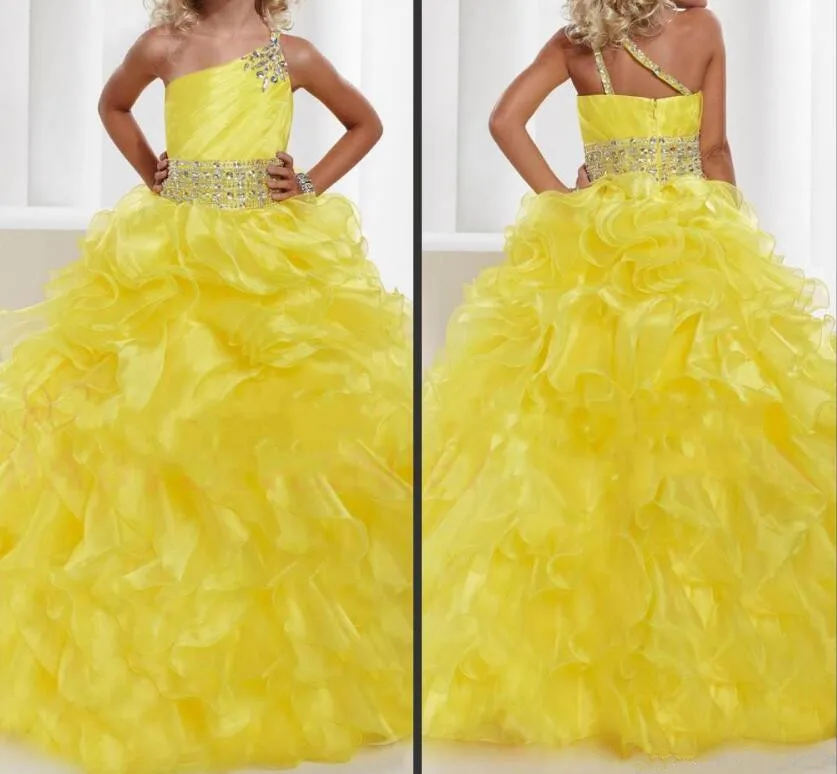 

New One shoulder Beaded Crystal Organza Ruffles Sash Belt party formal occasion ball gown Flower girl dress pageant gown