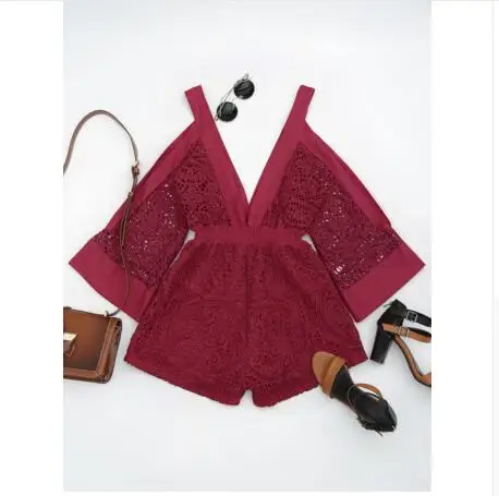 

Women Low Cut Cold Shoulder Hollow Out Romper Long Sleeve Deep V Neck Female White Jumpsuits Outfits Beach Short Playsuit White