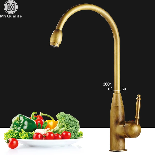 Special Offers Antique Brass Kitchen Faucet Rotate Neck Spout Kitchen Sink Mixer Taps Single Lever One Hole Hot and Cold Mixer Crane 